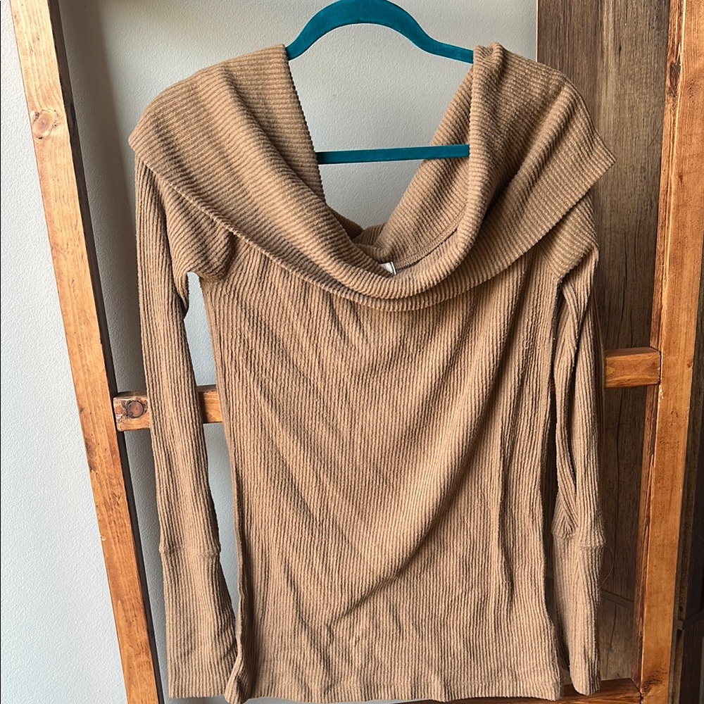 Free People Snowbunny Brown Ribbed Knit Off-the-Shoulder Sweater Top - Picture 5 of 10
